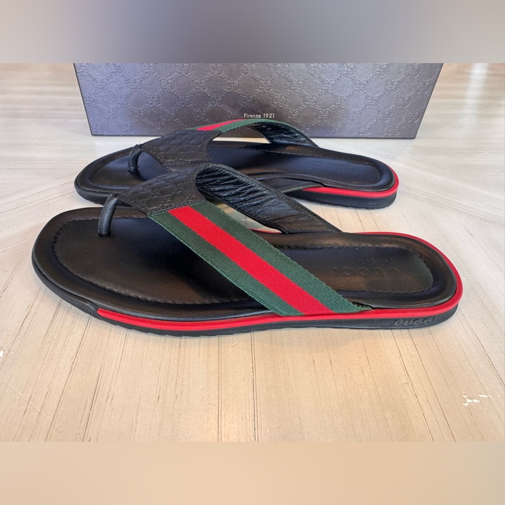 Gucci GG Microguccissima Web Leather Thong Sandals Men’s 9 Black Made in Italy - Picture 4 of 14